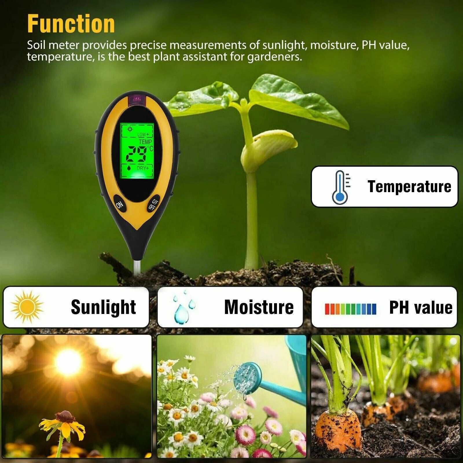 4 in 1 LCD Digital Soil Tester PH Water Moisture Temperature Sunlight Plant Test