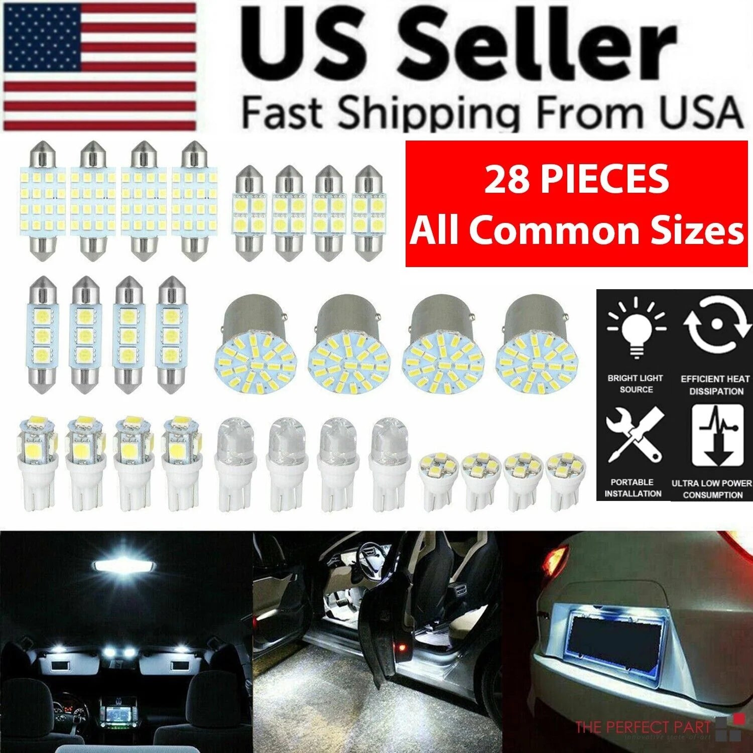 28Pcs Car Interior White Combo LED Map Dome Door Trunk License Plate Light Bulbs